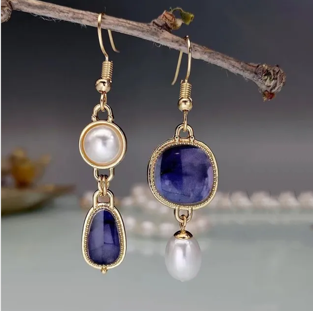 Brincos Vintage Estilosos com Pérolas de Pedra Azul