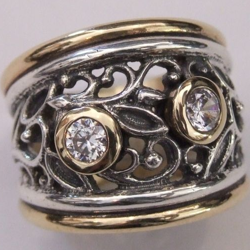Anel Vintage fascinante em prata e ouro com zircônia oca cintilante