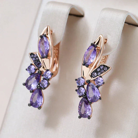 Brincos Elegantes de Ouro com Brilhantes Pedras de Zirconia Roxas