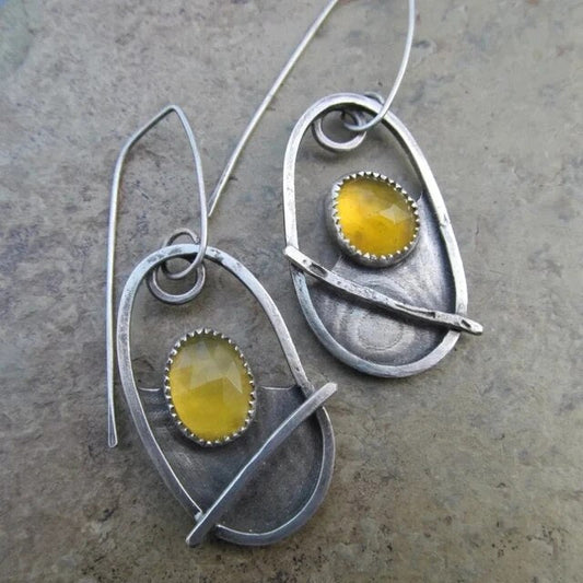 Brincos de Cristal Amarelo Vintage Estilosos com Elegantes Acentos de Prata