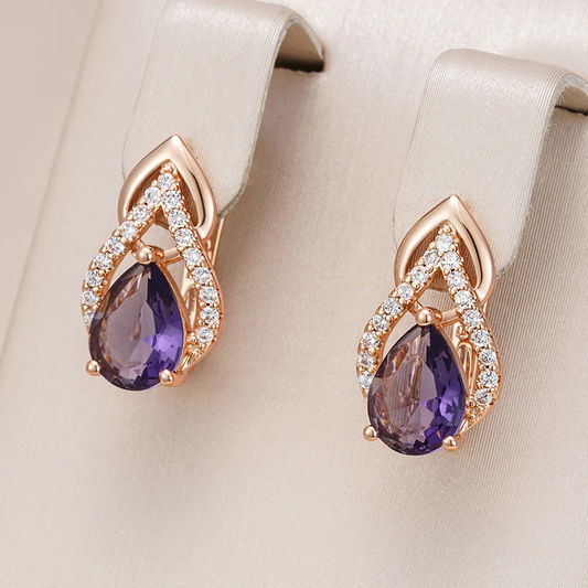 Earrings Gold elegantes com encantadoras gotas de cristal roxas
