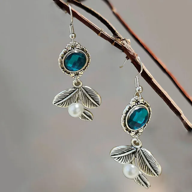 Brincos Vintage Charmantes com Folhas de Cristal Azuis
